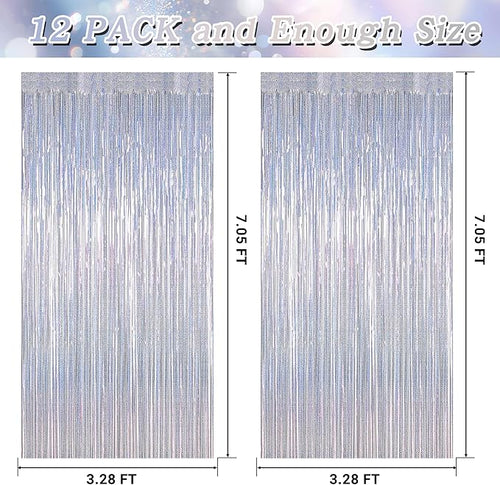 12 Pack Fringe Backdrop, 3.28 FT x 7.08 FT Glitter Silver Tinsel Curtain, Metallic Foil Curtains Party Streamer Disco Backdrop, Silver Party Decorations for New Year Birthday Holiday