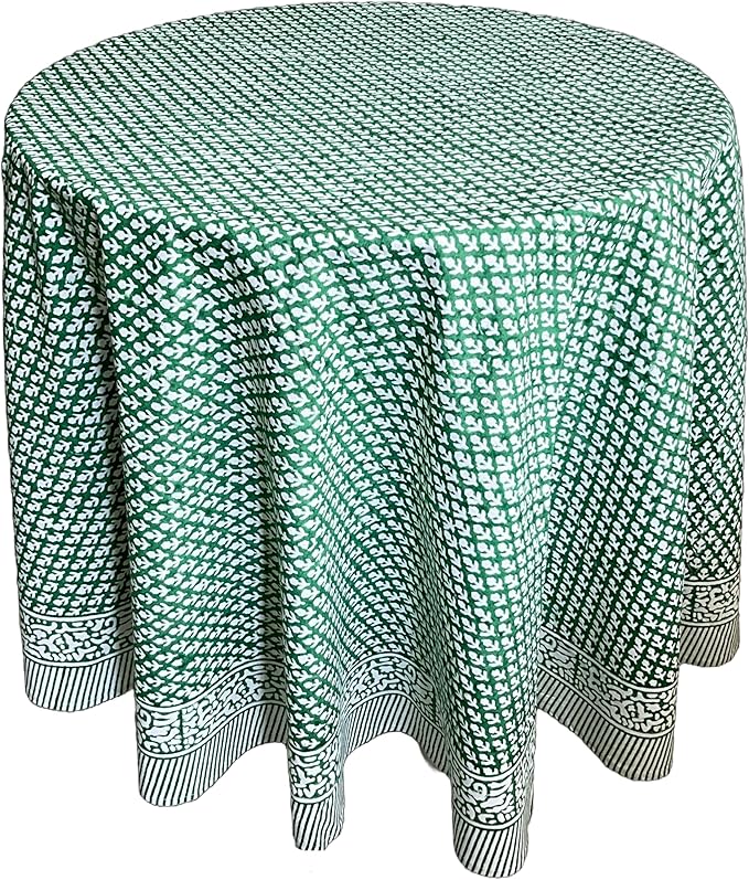 ATOSII Queen Green 100% Cotton Round Tablecloth, Handblock Print Floral Table Cloth for Kitchen Dining Linen I Parties, Weddings, Outdoors, Christmas, Thanksgiving I Fall Home Decor 60" Inches Round