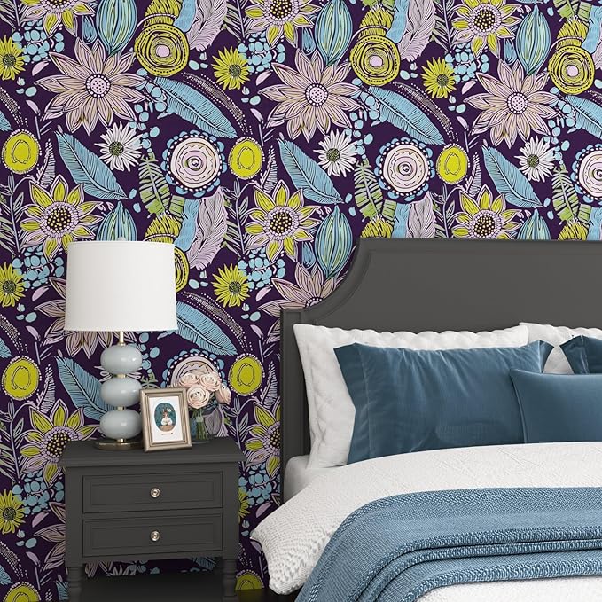 Purple Boho Wallpaper Peel and Stick,Vintage Yellow Floral Contact Paper, Botanical Flowers Retro Bohemia Wall Paper Self Adhesive Removable Waterproof for Walls Shelves Cabinet Table 17.5" x 118"
