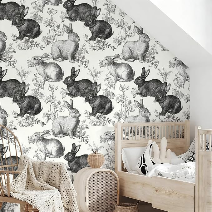 Floral Peel and Stick Vintage Animal Contact Paper Rabbit Removable Botanical Leaf Sketch Wallpaper 17.7" x 118.11" Wall Paper Self Adhesive for Classroom Bedroom Laundry Room Bathroom