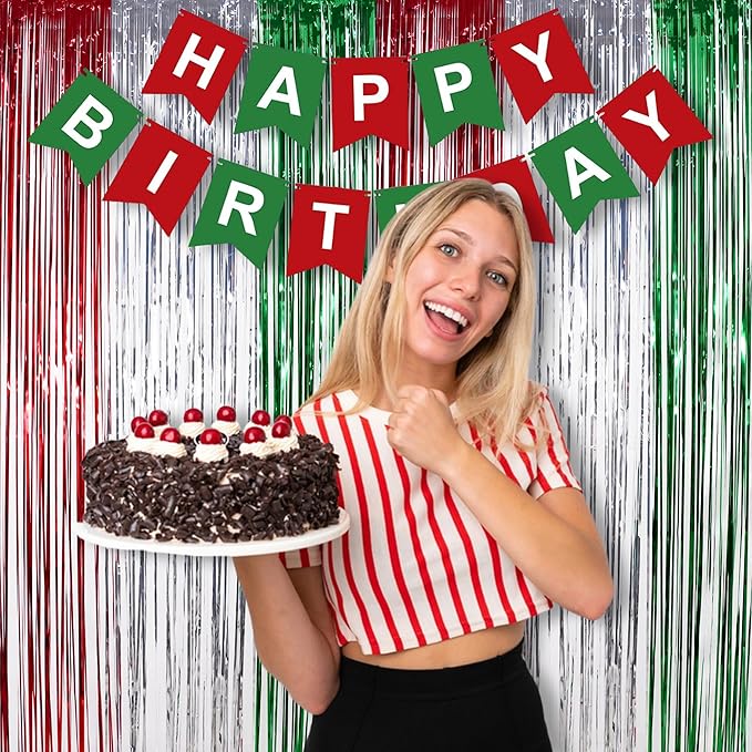 Red Green Silver Tinsel Curtain Backdrop - Christmas Party Decorations Foil Fringe Curtains for Photo Booth Props Xmas New Years Party Supplies - 2Pack 3.2×8.2ft