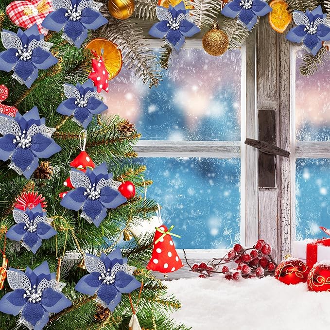 Boao 24 Pieces Christmas Artificial Glitter Poinsettia Flowers Xmas Flowers Wedding Christmas Tree New Year Ornaments(Navy Blue)