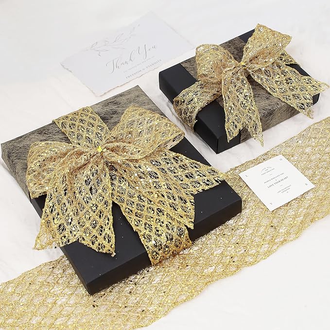 VATIN 6" Gold Christmas Ribbon, Gold Glitter Mesh Diamond Web Sequin Dots Wired Christmas Ribbon for Gift Wrapping Bow Making Wreath Supply-10 Yards