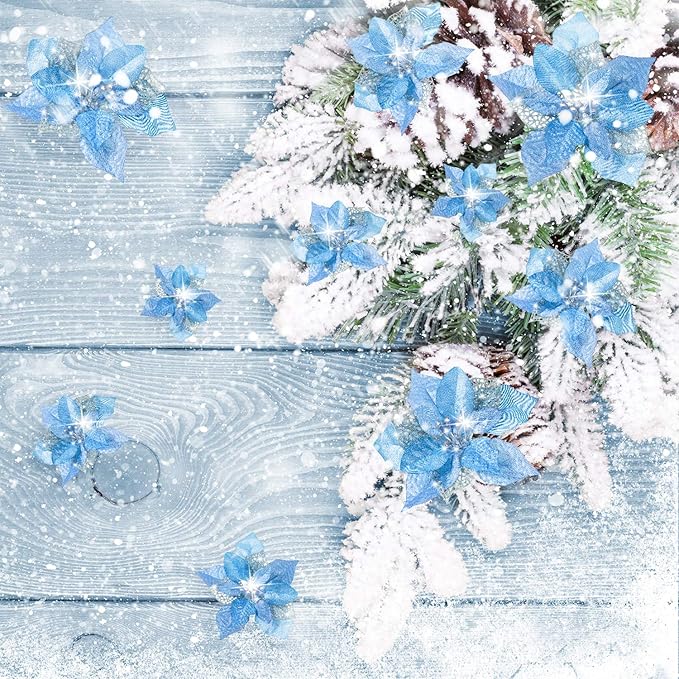 Boao 24 Pieces Christmas Artificial Glitter Poinsettia Flowers Xmas Flowers Wedding Christmas Tree New Year Ornaments(Blue)