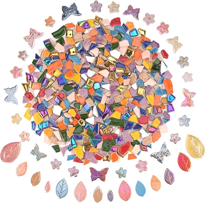 2.5 lb Ceramic Mosaic Tiles for Crafts Mix – Irregular Ceramic Pieces with Flower, Butterfly & Leaf Shapes for Mosaics DIY Art Projects and Home Decor