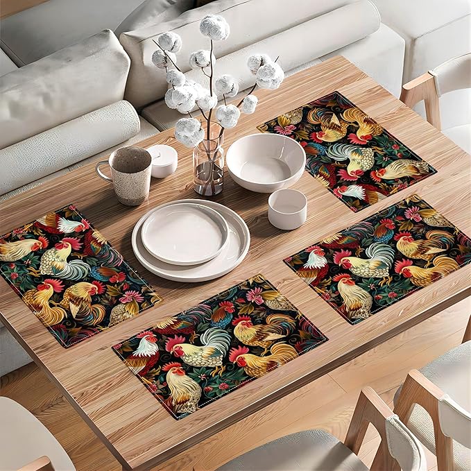 Rooster Placemats Set of 4 Rustic Country Farm Chicken Table Mats Washable Place Mats for Home Party Indoor Kitchen Dining Table Decoration 12x18 Inch