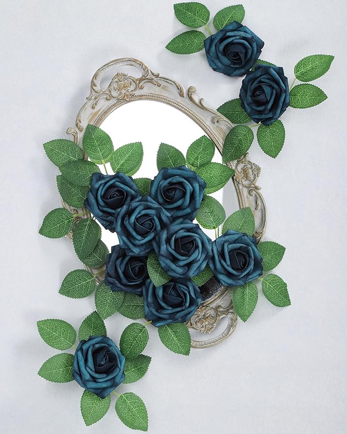DuHouse 25Pcs Artificial Roses Flowers Fake Rose with Stems Real Touch Foam Flowers for DIY Wedding Bouquet Baby Shower Centerpiece Floral Arrangement Party Home Decor(Peacock Blue)