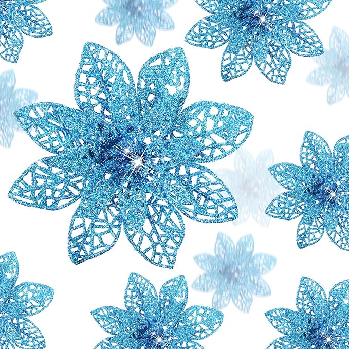 Boao Lake Blue 24 Pieces Poinsettia Flower Christmas Glitter Artificial Poinsettia with Clips Christmas Tree Ornament Decorations for DIY Xmas Wreath Holiday Home Party Decor, 3/4/6 Inches