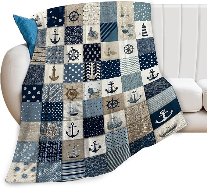 Nautical Blanket Ocean Sea Throw Blanket Sailboat Anchor Soft Cozy Fleece Fuzzy Stuffed Plush Flannel Gifts for Girls Women Boys Kids Adults 60"X80"