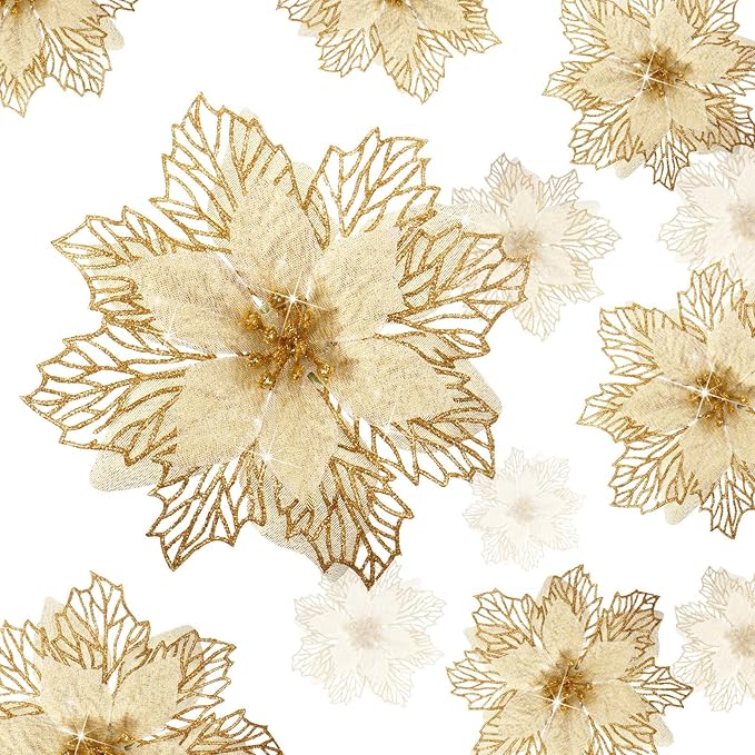 Geosar 24 Pieces Christmas Glitter Poinsettia Flowers Layered Artificial Xmas Flowers Wedding Christmas Tree New Year Ornaments 3/4/6 Inch(Gold)