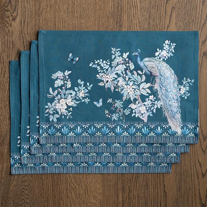 Maison d' Hermine Place Mats 100% Combed Cotton Premium (13 Inch x 19 Inch) Cloth Place Mat Washable Dinner Placemat, Dinner & Dining, Peacock Utopia - Deep Sea (Set of 4)