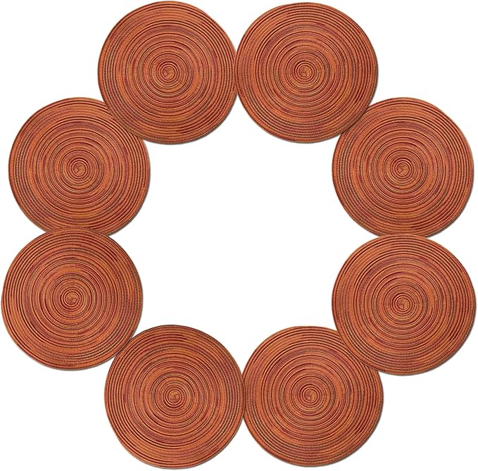 Youyi Better Lifes Round Braided Placemats Set of 8 Colorful Washable Durable Placemats Non-Slip 15 Inch Red-Orange Woven Table Mats for Dining Tables Holiday Party Decoration