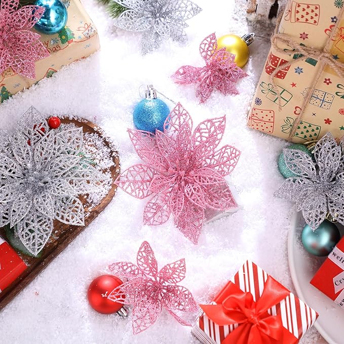 Boao Pink,Silver 24 Pieces Poinsettia Flower Christmas Glitter Artificial Poinsettia with Clips Christmas Tree Ornament Decorations for DIY Xmas Wreath Holiday Home Party Decor, 3/4/6 Inches