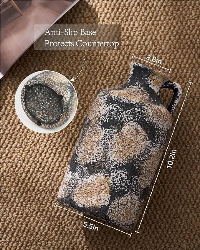 Ceramic Rustic Vase for Decor - 10.2Inch Farmhouse Vases - Decorative Vase for Home Decor, Living Room, Table, Boho - Rust Black