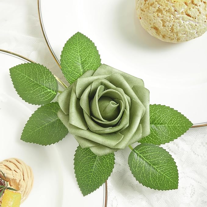 Artificial Flowers, 100pcs Artificial Rose for DIY Wedding Bouquets Centerpieces Flowers Arrangements, Elf Green Fake Flowers with Stems for Bridal Shower Graduation Events Decoration