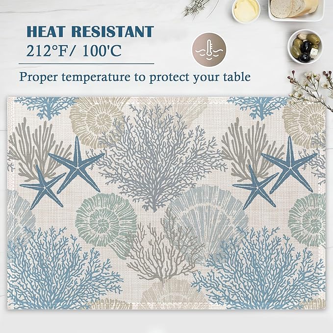 Ocean Coral Teal Placemats Set of 4, Waterproof Place Mats Non-Slip Washable Table Mats Set for Kitchen Dining Holiday Party Wedding Decor 12x18 Inch