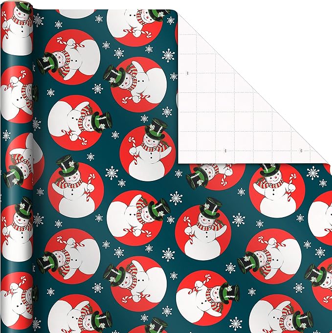 Hallmark Vintage Christmas Wrapping Paper Cut Lines on Reverse (3 Rolls: 120 sq. ft. ttl) Dancing Santas, Classic Snowman, "Merry, Jolly, Happy, Peace"