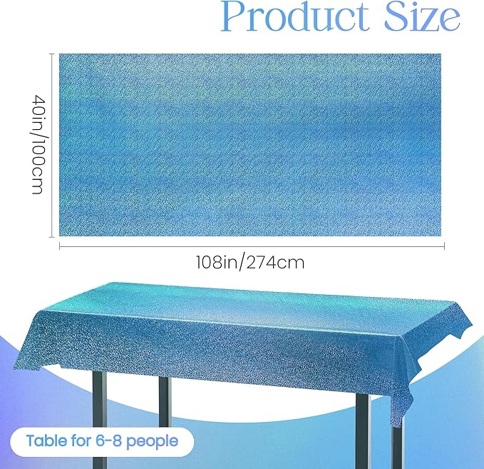 3pcs Blue Holographic Laser Tablecloths 40" x 108" Plastic Table Cloths for Parties Shimmer Shiny Party Decoration for Winter Ocean Princess Birthday Party Wedding Baby Shower Christmas Decor