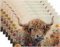 Highland Cow Fall Placemats Set of 6,Washable Heat Resistant 12×18 Inch Linen Table Mats Summer Fall Place Mats for Party Outdoor Dining Décor