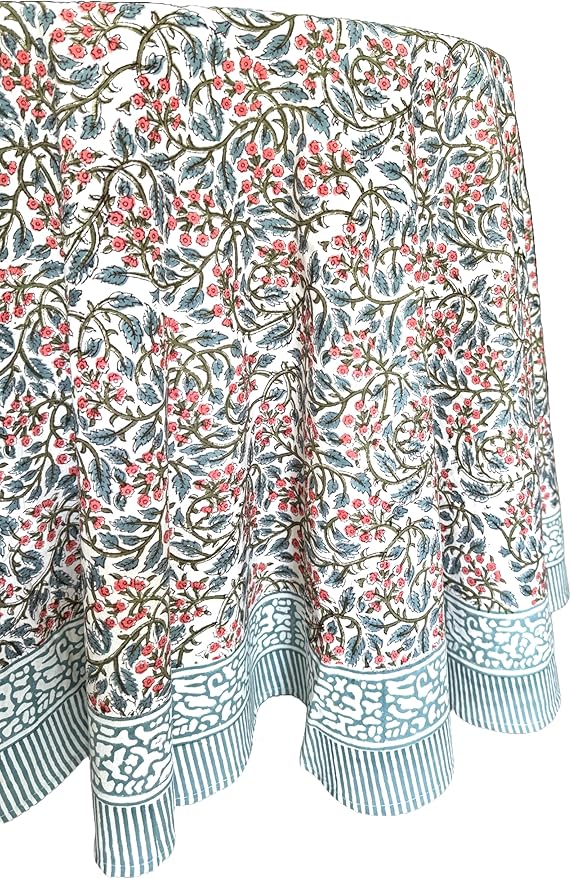 ATOSII Kalina 100% Cotton Round Tablecloth, Handblock Print Floral Table Cloth for Kitchen Dining Linen I Parties, Weddings, Outdoors, Christmas I Fall Home Decor 72" Inches Round
