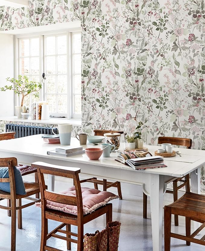 Erfoni 17.7" x 197" Floral Peel and Stick Wallpaper Boho Leaf Self Adhesive Wallpaper DIY Removable Contact Paper Vintage Flower Wall Paper Decoration for Bedroom Wall Cabinets Waterproof Vinyl Roll