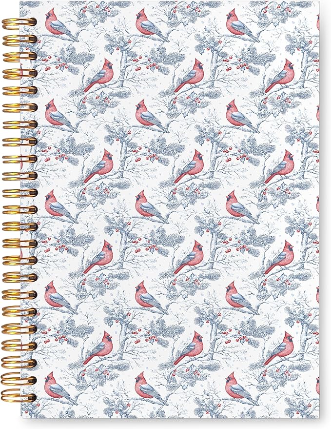 VIIJJUE Blue and White Chinoiserie Christmas Cardinal Notebook Journal, Vintage French Country Toile de Jouy Journal, Xmas Red Cardinal Hardcover Spiral Notebooks, 5.5x8.3 Inch-02