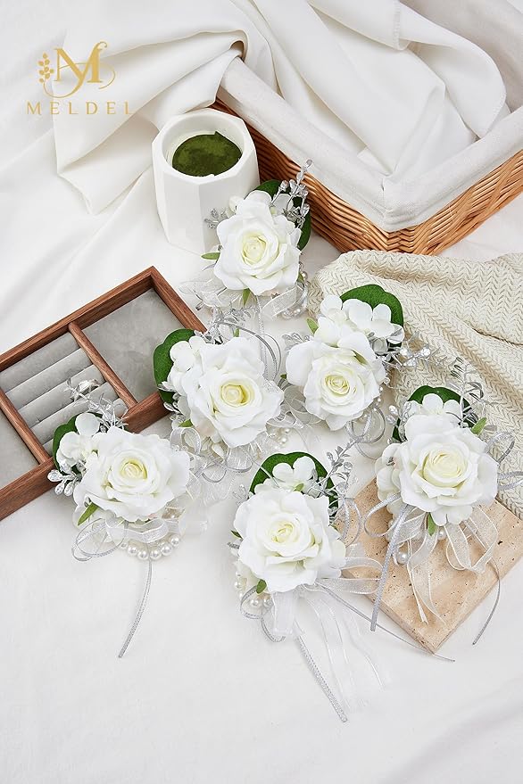 Meldel Prom Wrist Corsage for Bride Bridesmaids Wedding, Set of 6, Artificial White Rose Wrist Corsages for Prom Women Girls Engagement Mother Bridal Shower Party Homecoming Graduation Anniversary