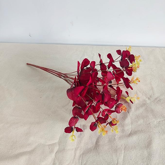 19" Faux Flowers Artificial Silk Silver Dollar Eucalyptus Stems Fake Plant for Vase Home Wedding Decor 3 Pcs (Dark Red)