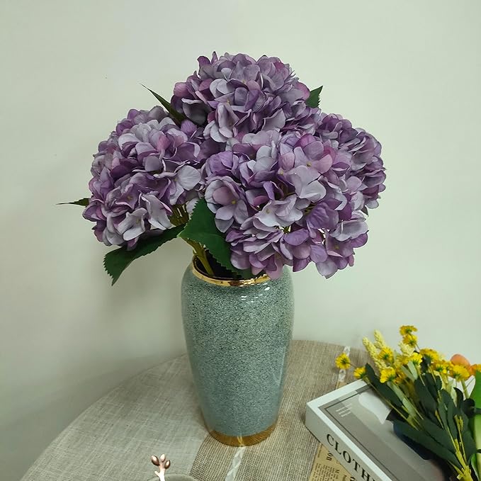 Purple Hydrangea Artificial Flowers,6 Pcs Faux Hydrangea Flowers,Artificial Hydrangeas Flowers with Stems,Fake Hydrangeas, Silk Hydrangea Flower with Stem (6, Eggplant Purple)
