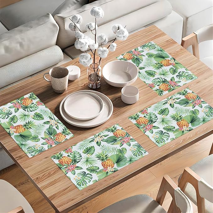 Pineapple Placemats Set of 4 Tropical Palm Leaves Plants Table Mats Washable Place Mats for Home Party Indoor Kitchen Dining Table Decoration 12x18 Inch
