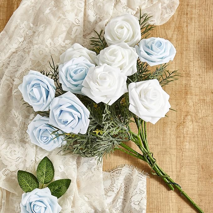 Artificial Flowers, 50pcs Baby Blue Artificial Rose for DIY Wedding Bouquets Centerpieces Arrangements, Fake Flower with Stems for Party Home Decorations