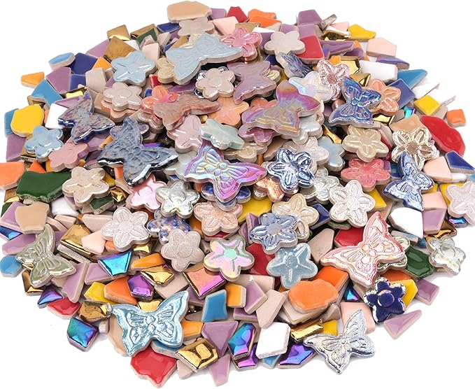 1.5 lb Ceramic Tiles for Mosaics - (Irregular, Flower & Butterfly Mix), Ceramic Mosaic Tiles for Crafts, DIY Art Project & Home Decor