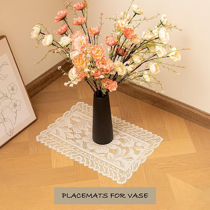 Jayla 2 Pcs Rectangle Lace Placemats for Tables Embroidered Lace Tablemats Vintage Crochet Floral Table Runner Vintage Wedding, Tea Party Decor,12x17 Inch