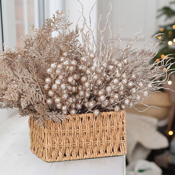 75 Pcs Christmas Glitter Branches 3 Styles Artificial Christmas Picks Berries Stems Pine Needles Floral Twig Spray for Xmas Tree Ornaments DIY Wreath Garland(Champagne Gold)