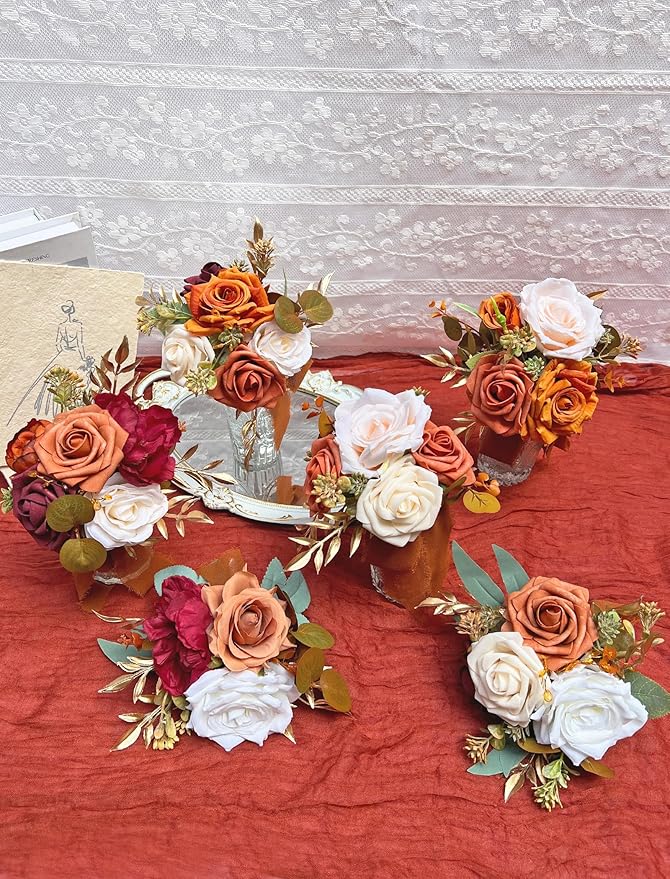 Marriwise Set of 6 Assorted Wedding Flower Centerpieces Pre-Made Mini Bridesmaid Bouquets Artificial Flower Terracotta Table Decor for Fall Wedding Decorations Shower Home Decor