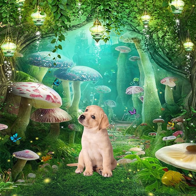 Riyidecor Enchanted Backdrop Polyester Fabric Greenery Garden Wonderland Fairy Tale Mushroom Butterfly Woodland Plant 5W*7H Feet Fantasy Photography Background Birthday Photo Studio Shoot