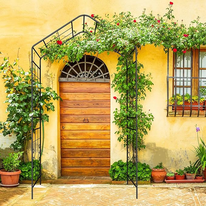 Metal Garden Arch, Assembly Garden Arbor,Trellis Climbing Plants Support, Rose Outdoor Arch,Wedding Arch, Party Events Archway,Steeple (Black, W56.3"X94.5")