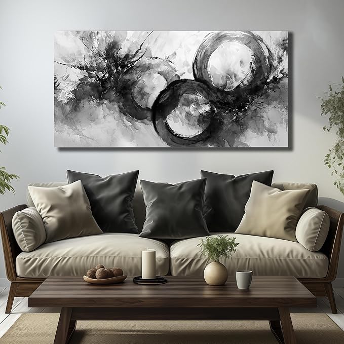 JuhaiArt Black Wall Art Large Abstract Picture Wall Decor White Canvas Art Circle Modern Artwork for Living Room Office 24"x 48"
