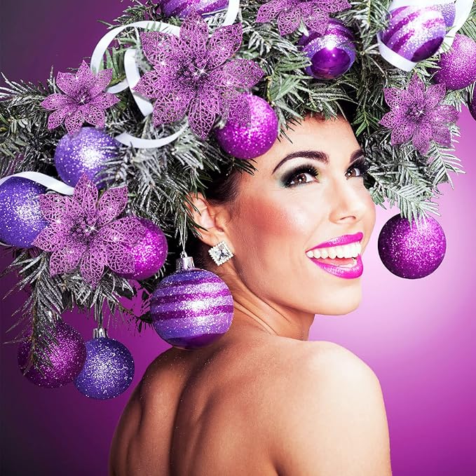 Boao Purple 24 Pieces Poinsettia Flower Christmas Glitter Artificial Poinsettia with Clips Christmas Tree Ornament Decorations for DIY Xmas Wreath Holiday Home Party Decor, 3/4/6 Inches
