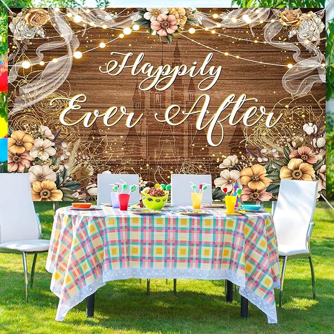 Happily Ever After Backdrop Bridal Shower Wedding Party Brown Wood Photography Background Boho Floral Golden Rose Dots Wedding Decor Banner Portrait Photo Booth Studio Props 10x7ft FU073YL