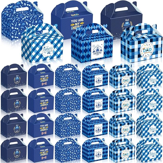 24 Pcs Father's Day Gift Boxes Happy Father's Day Party Supplies Blue Goodie Candy Boxes Holiday Paper Gift Container for Dad's Birthday Decoration