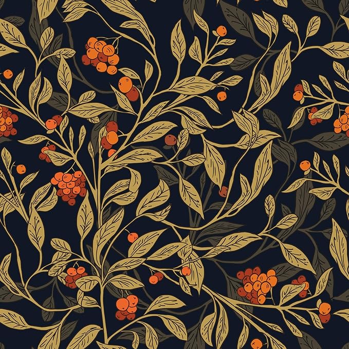 Dark Floral Wallpaper Peel Stick, Vintage Botanical Removable Contact Paper Stick on Cubicle Drawer Cabinet, Self-Adhesive Vinyl Leaf Fruit Wall Paper Black Yellow Gold Orange 17.5In x 9.8Ft