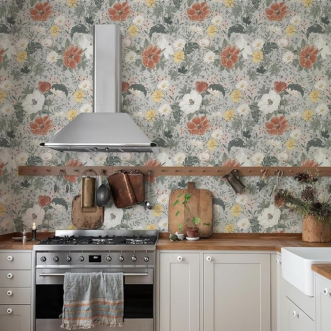 Simon&Siff Vintage Wallpaper Peel and Stick Modern Floral Wall Paper Farmhouse Botanical Contact Paper Removable Renter Friendly Wallpaper for Cabinets Countertop Wall 200" x 17.3"