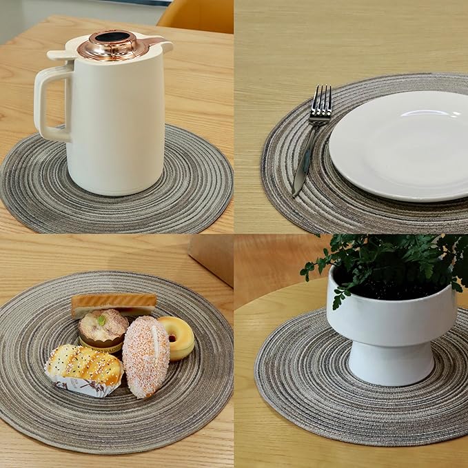 Youyi Better Lifes Round Braided Placemats Set of 6 Colorful Washable Durable Placemats Non-Slip 15 Inch Ivory-Linen Woven Table Mats for Dining Tables Holiday Party Decoration