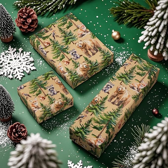 WRAPAHOLIC 30 Inch Kraft Christmas Wrapping Paper - 30 Inch x 33 Feet - Wild Animal Winterfall Watercolor and Christmas Tree Wrapping Paper Perfect for Holiday, Party Celebration