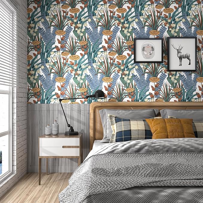 Boho Floral Peel and Stick Wallpaper, Vintage Botanical Contact Paper, Self Adhesive Wall Mural 17.5" x 393.7" Tropical Wall Paper Waterproof Removable for Bedroom Walls Cabinet (White, Orange, Blue)