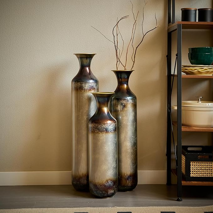 Metal Tall Floor Vases Set of 3, Hand-Forged Burnt Finish Rustic Floor Vase for Home Decor, 28.34 24.4 20.4 Inch Tall Decorative Vases for Farmhouse Industrial Living Room