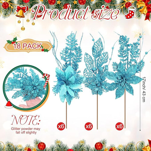 18 Pack 3 Styles 17 Inch Christmas Glitter Poinsettia Berry Stems Ornaments Artificial Floral Branches Picks for Christmas Tree Home Vase Holiday Party Decor(Lake Blue)