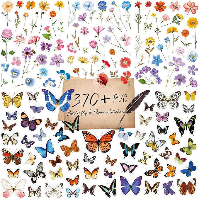 370+ PCS PVC Flower & Butterfly Stickers, Self-Adhesive Nature Floral Stickers for Scrapbook, Laptop, Journal, DIY Project, Spring Themed Party Decors