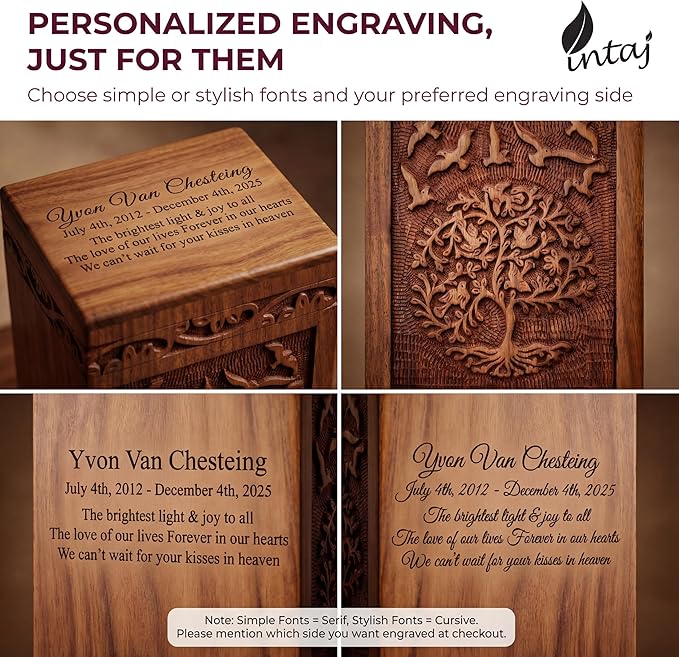 INTAJ Handcarved Wooden Cremation Urn for Human Ashes - Tree of Life Design, 250 lbs Capacity, Suitable for Adult Men and Women - Decorative Funeral Urn Box and Casket - Wooden Carved Box